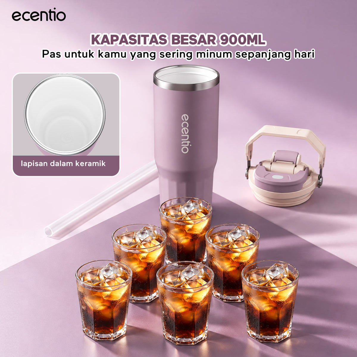 [Mauve Mist Series] ecentio Tumbler 670ml/900ml Desain Minimalis Elegan Botol Minum Portable Aesthetic Lucu Thermos Tahan Panas Dingin 24 Jam Anti Bocor Premium Sedotan Cocok Untuk Sekolah Anak Laki-Laki