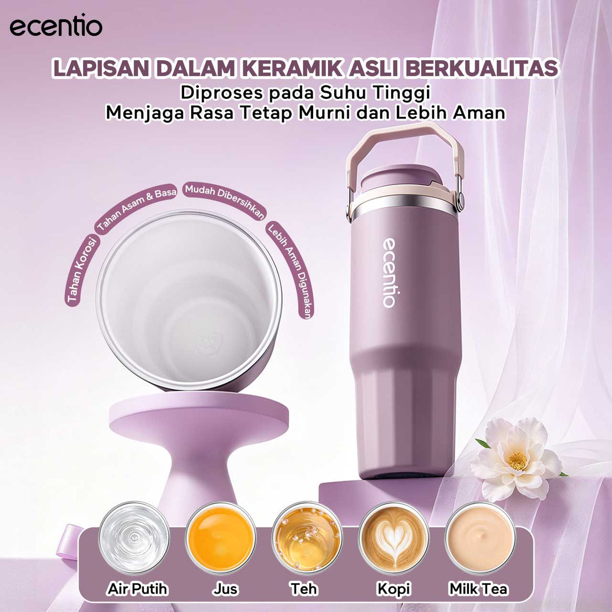 [Mauve Mist Series] ecentio Tumbler 670ml/900ml Desain Minimalis Elegan Botol Minum Portable Aesthetic Lucu Thermos Tahan Panas Dingin 24 Jam Anti Bocor Premium Sedotan Cocok Untuk Sekolah Anak Laki-Laki