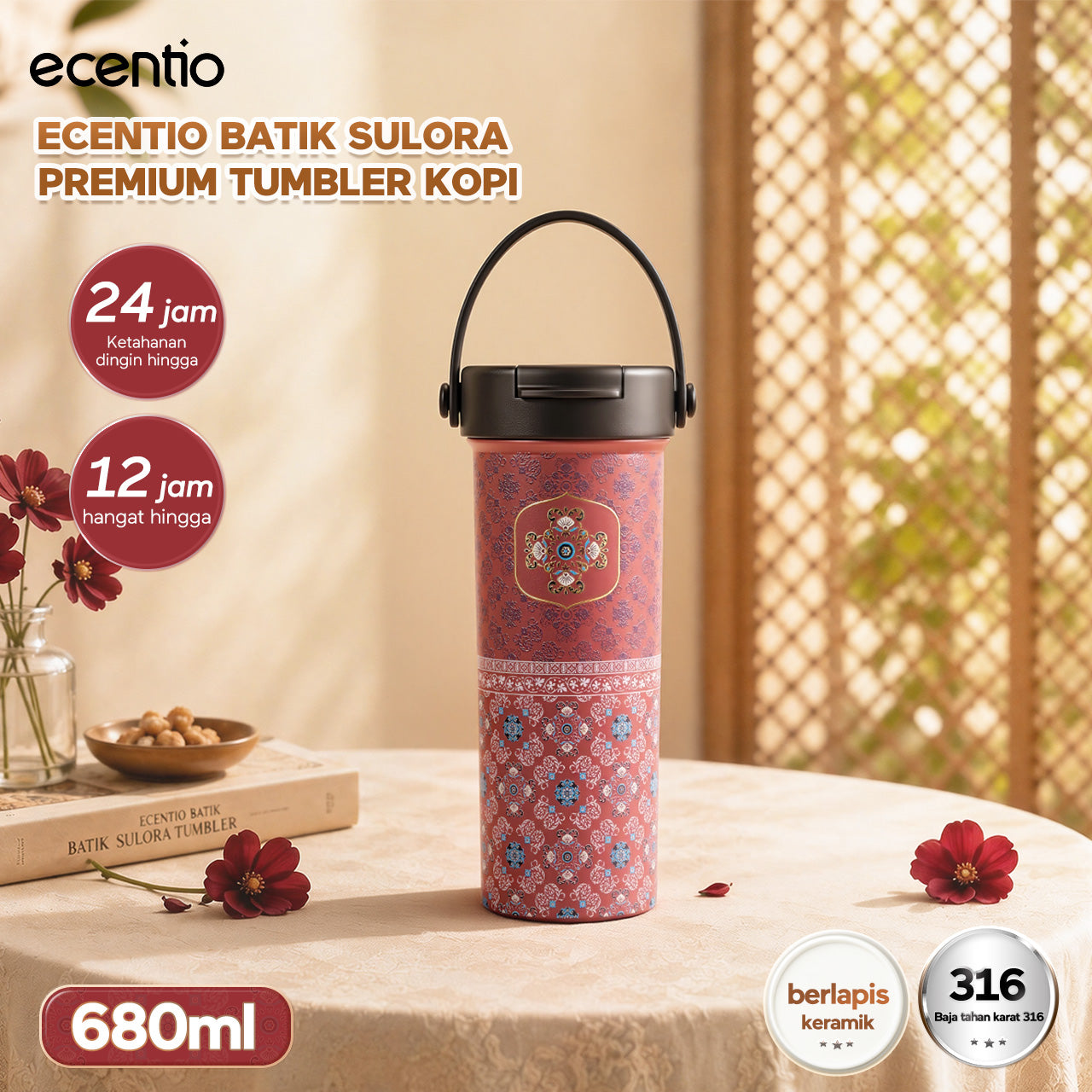 ecentio SULORA Series batik tumbler stainless 316 dalam keramik 600ml/680ml/850ml Botol minum Aesthetic Portable Thermos besar tas tumbler tahan panas dingin 36 jam Thermos Botol minum besar