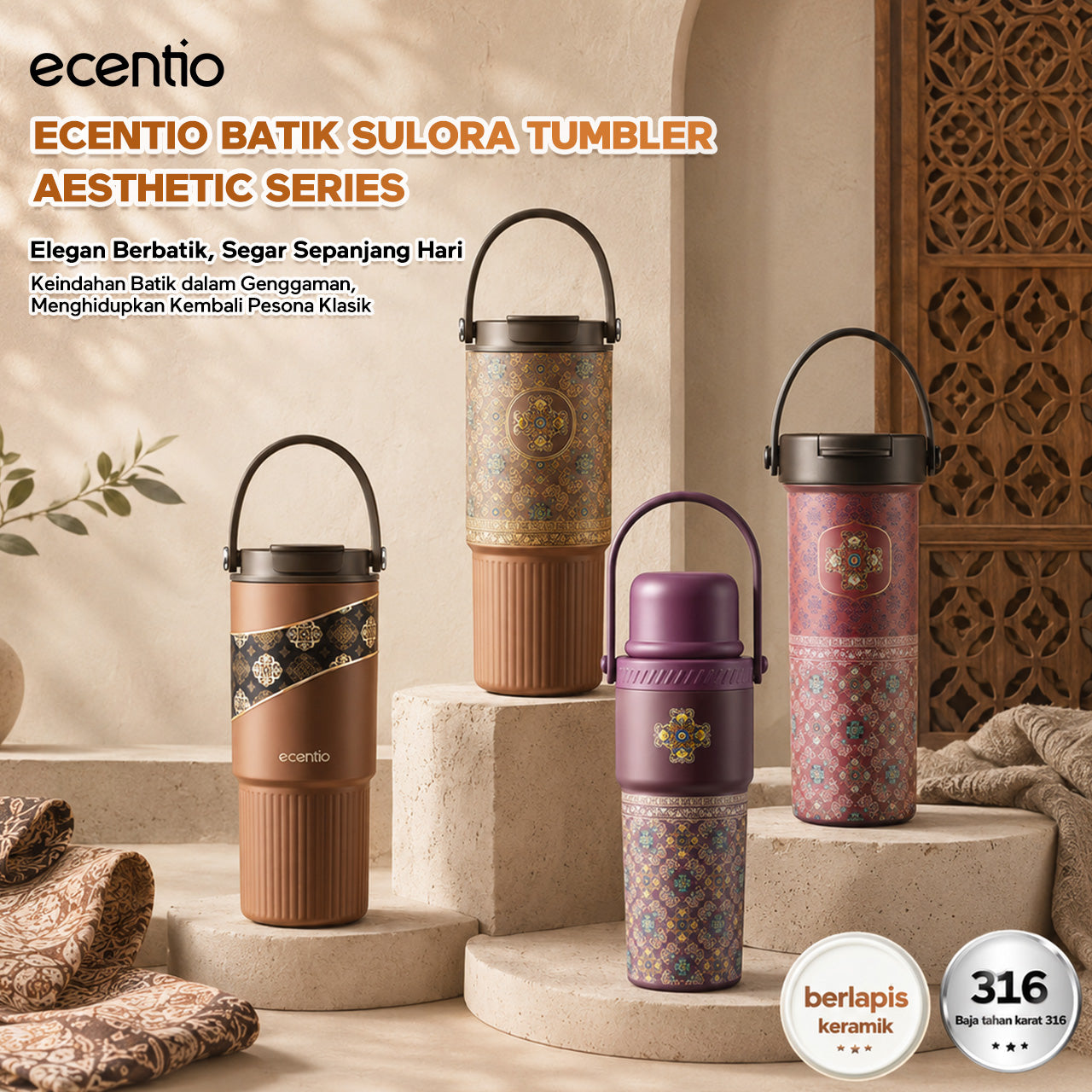 ecentio SULORA Series batik tumbler stainless 316 dalam keramik 600ml/680ml/850ml Botol minum Aesthetic Portable Thermos besar tas tumbler tahan panas dingin 36 jam Thermos Botol minum besar