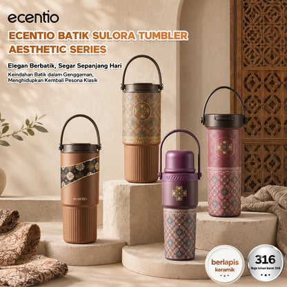 ecentio SULORA Series batik tumbler stainless 316 dalam keramik 600ml/680ml/850ml Botol minum Aesthetic Portable Thermos besar tas tumbler tahan panas dingin 36 jam Thermos Botol minum besar