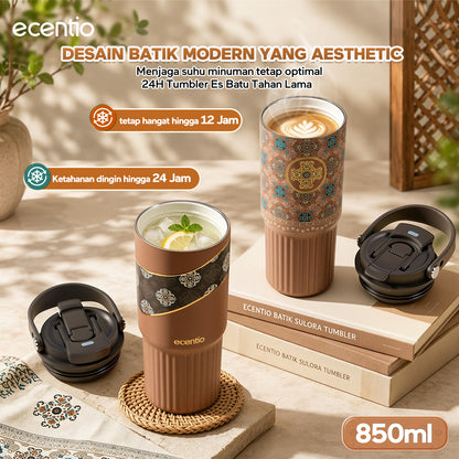 ecentio SULORA Series batik tumbler stainless 316 dalam keramik 600ml/680ml/850ml Botol minum Aesthetic Portable Thermos besar tas tumbler tahan panas dingin 36 jam Thermos Botol minum besar
