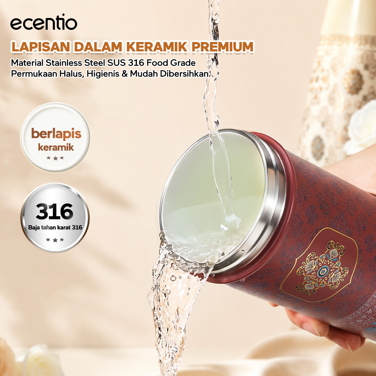 ecentio SULORA Series batik tumbler stainless 316 dalam keramik 600ml/680ml/850ml Botol minum Aesthetic Portable Thermos besar tas tumbler tahan panas dingin 36 jam Thermos Botol minum besar