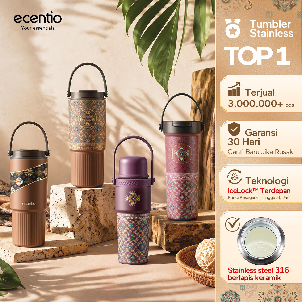 ecentio SULORA Series batik tumbler stainless 316 dalam keramik 600ml/680ml/850ml Botol minum Aesthetic Portable Thermos besar tas tumbler tahan panas dingin 36 jam Thermos Botol minum besar