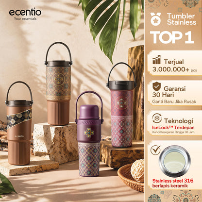 ecentio SULORA Series batik tumbler stainless 316 dalam keramik 600ml/680ml/850ml Botol minum Aesthetic Portable Thermos besar tas tumbler tahan panas dingin 36 jam Thermos Botol minum besar