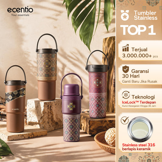 ecentio SULORA Series batik tumbler stainless 316 dalam keramik 600ml/680ml/850ml Botol minum Aesthetic Portable Thermos besar tas tumbler tahan panas dingin 36 jam Thermos Botol minum besar