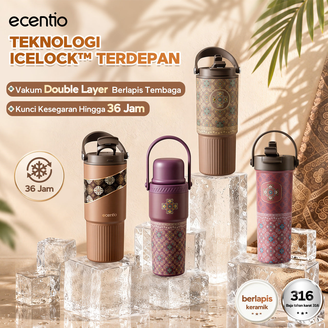 ecentio SULORA Series batik tumbler stainless 316 dalam keramik 600ml/680ml/850ml Botol minum Aesthetic Portable Thermos besar tas tumbler tahan panas dingin 36 jam Thermos Botol minum besar