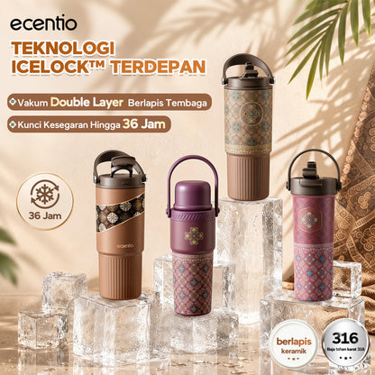 ecentio SULORA Series batik tumbler stainless 316 dalam keramik 600ml/680ml/850ml Botol minum Aesthetic Portable Thermos besar tas tumbler tahan panas dingin 36 jam Thermos Botol minum besar