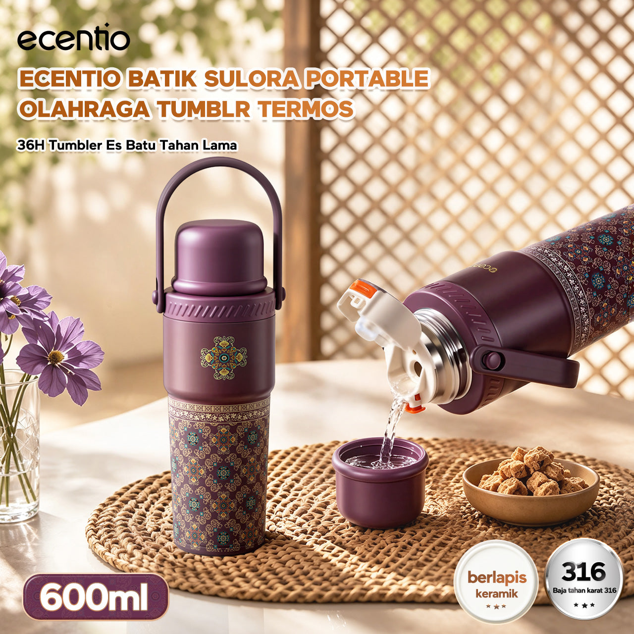 ecentio SULORA Series batik tumbler stainless 316 dalam keramik 600ml/680ml/850ml Botol minum Aesthetic Portable Thermos besar tas tumbler tahan panas dingin 36 jam Thermos Botol minum besar