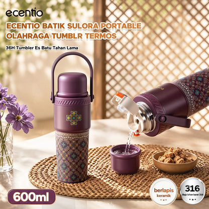 ecentio SULORA Series batik tumbler stainless 316 dalam keramik 600ml/680ml/850ml Botol minum Aesthetic Portable Thermos besar tas tumbler tahan panas dingin 36 jam Thermos Botol minum besar