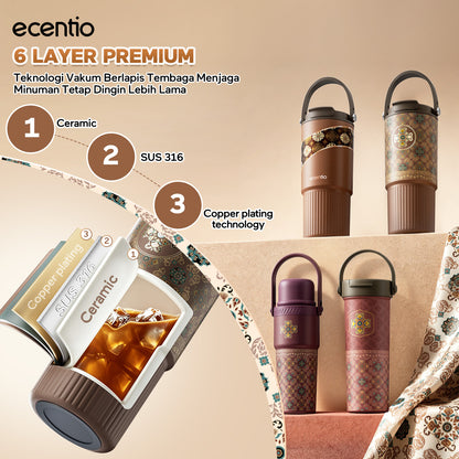 ecentio SULORA Series batik tumbler stainless 316 dalam keramik 600ml/680ml/850ml Botol minum Aesthetic Portable Thermos besar tas tumbler tahan panas dingin 36 jam Thermos Botol minum besar