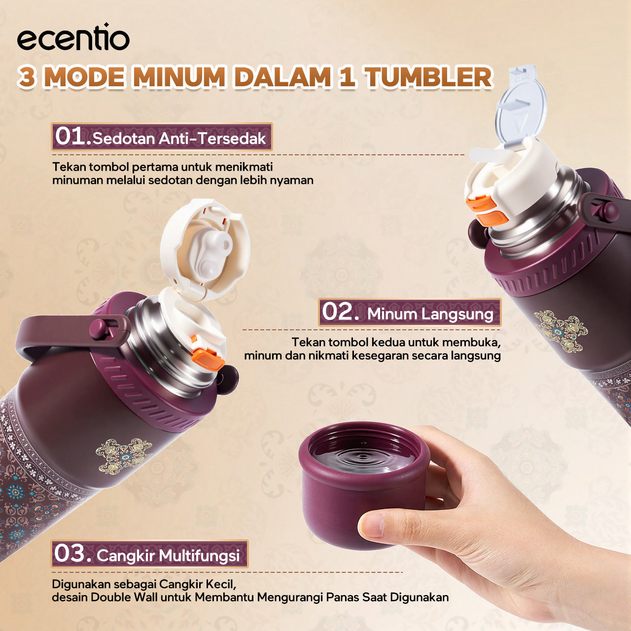 ecentio SULORA Series batik tumbler stainless 316 dalam keramik 600ml/680ml/850ml Botol minum Aesthetic Portable Thermos besar tas tumbler tahan panas dingin 36 jam Thermos Botol minum besar