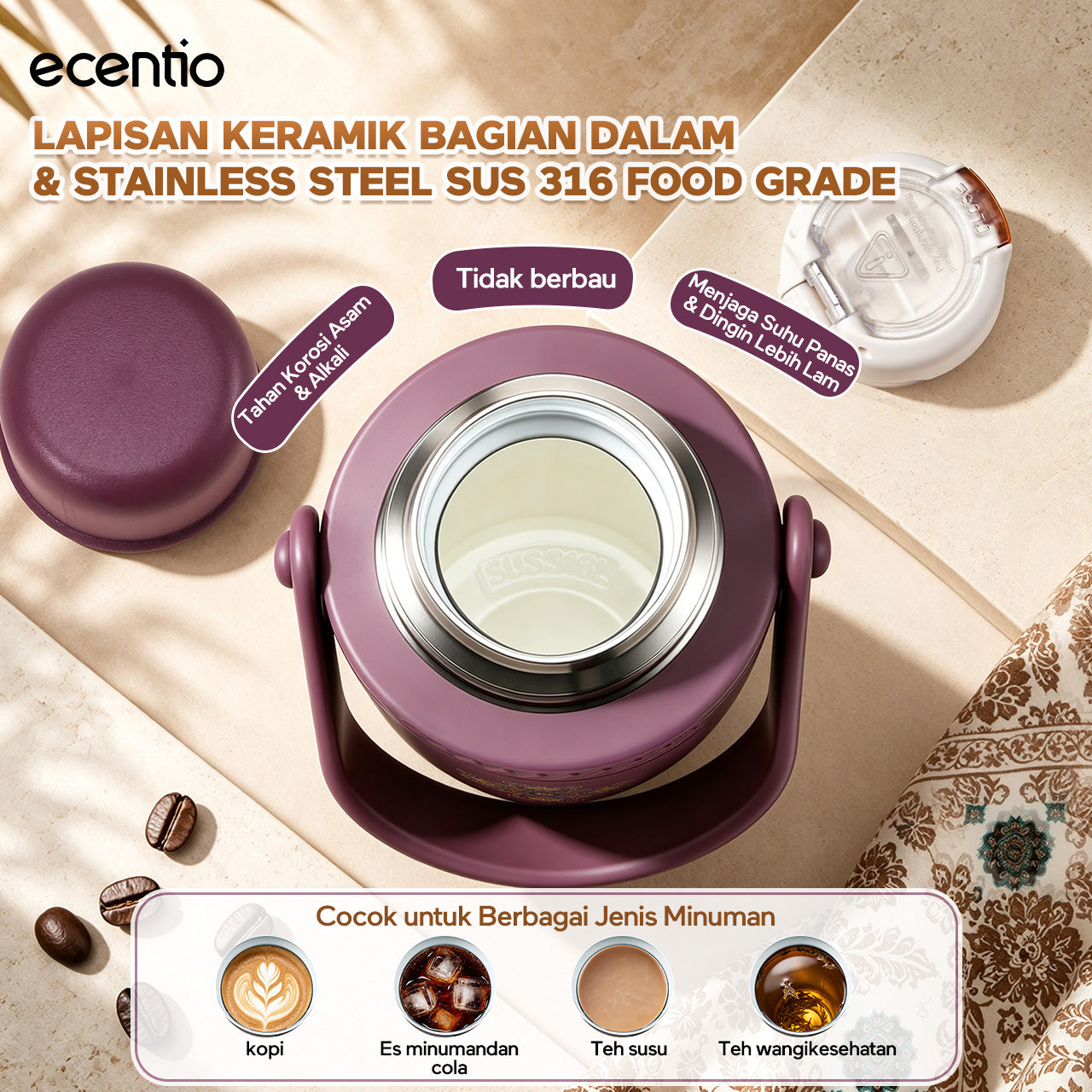 ecentio SULORA Series batik tumbler stainless 316 dalam keramik 600ml/680ml/850ml Botol minum Aesthetic Portable Thermos besar tas tumbler tahan panas dingin 36 jam Thermos Botol minum besar