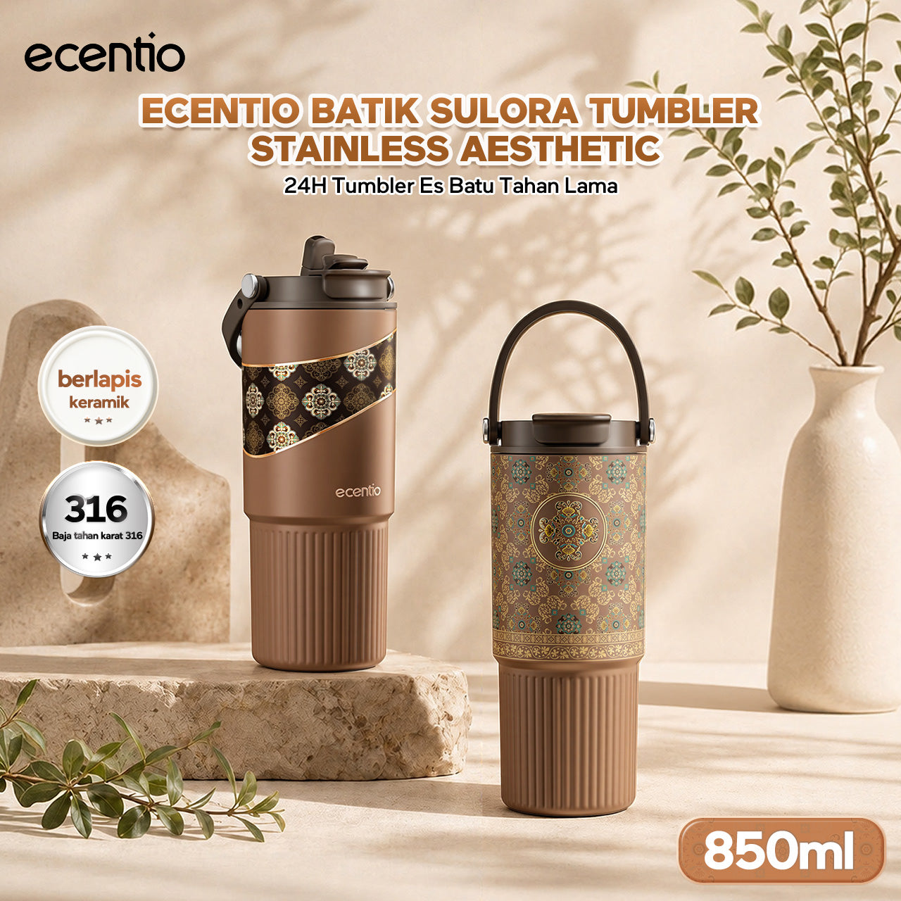 ecentio SULORA Series batik tumbler stainless 316 dalam keramik 600ml/680ml/850ml Botol minum Aesthetic Portable Thermos besar tas tumbler tahan panas dingin 36 jam Thermos Botol minum besar