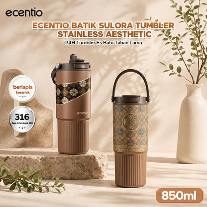 ecentio SULORA Series batik tumbler stainless 316 dalam keramik 600ml/680ml/850ml Botol minum Aesthetic Portable Thermos besar tas tumbler tahan panas dingin 36 jam Thermos Botol minum besar