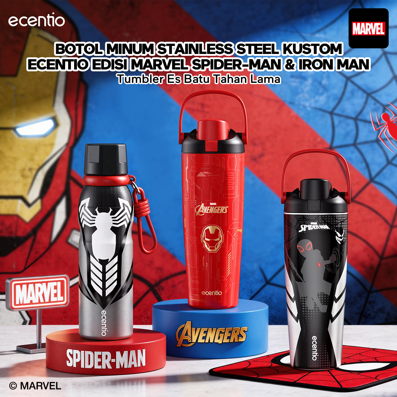 [Marvel Series] ecentio tumbler stainless 900ml/480ml Spider Man botol minum aesthetic olahraga portable termos air panas botol minum 1 liter anti tumpah tahan panas 24 jam handle tersembunyi