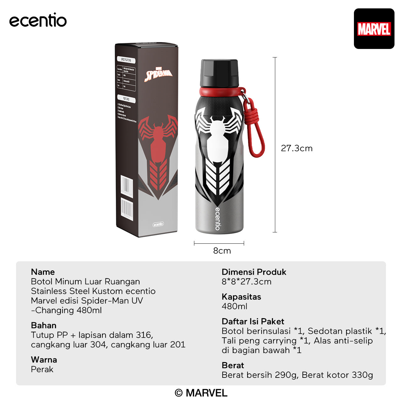 [Marvel Series] ecentio tumbler stainless 900ml/480ml Spider Man botol minum aesthetic olahraga portable termos air panas botol minum 1 liter anti tumpah tahan panas 24 jam handle tersembunyi