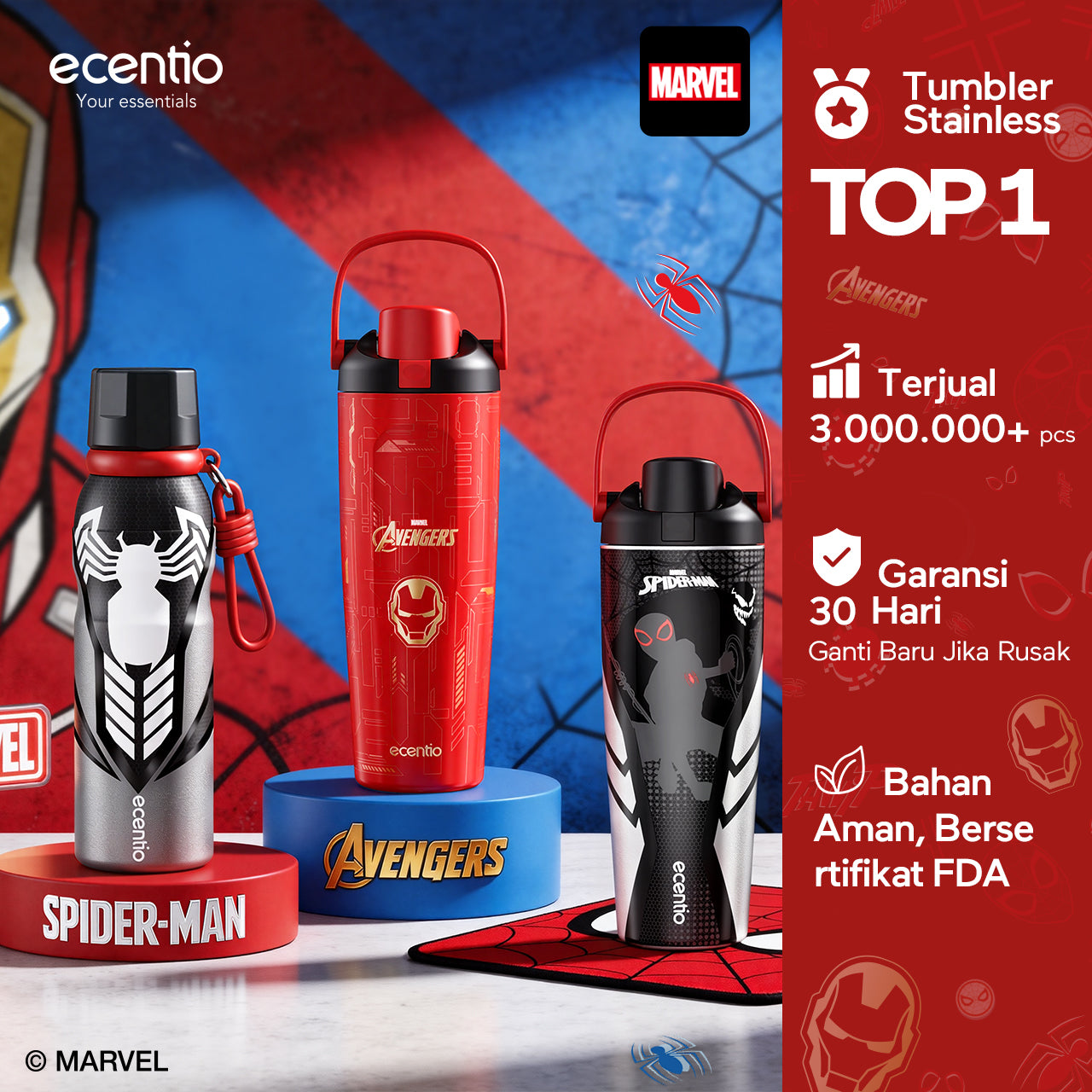 [Marvel Series] ecentio tumbler stainless 900ml/480ml Spider Man botol minum aesthetic olahraga portable termos air panas botol minum 1 liter anti tumpah tahan panas 24 jam handle tersembunyi