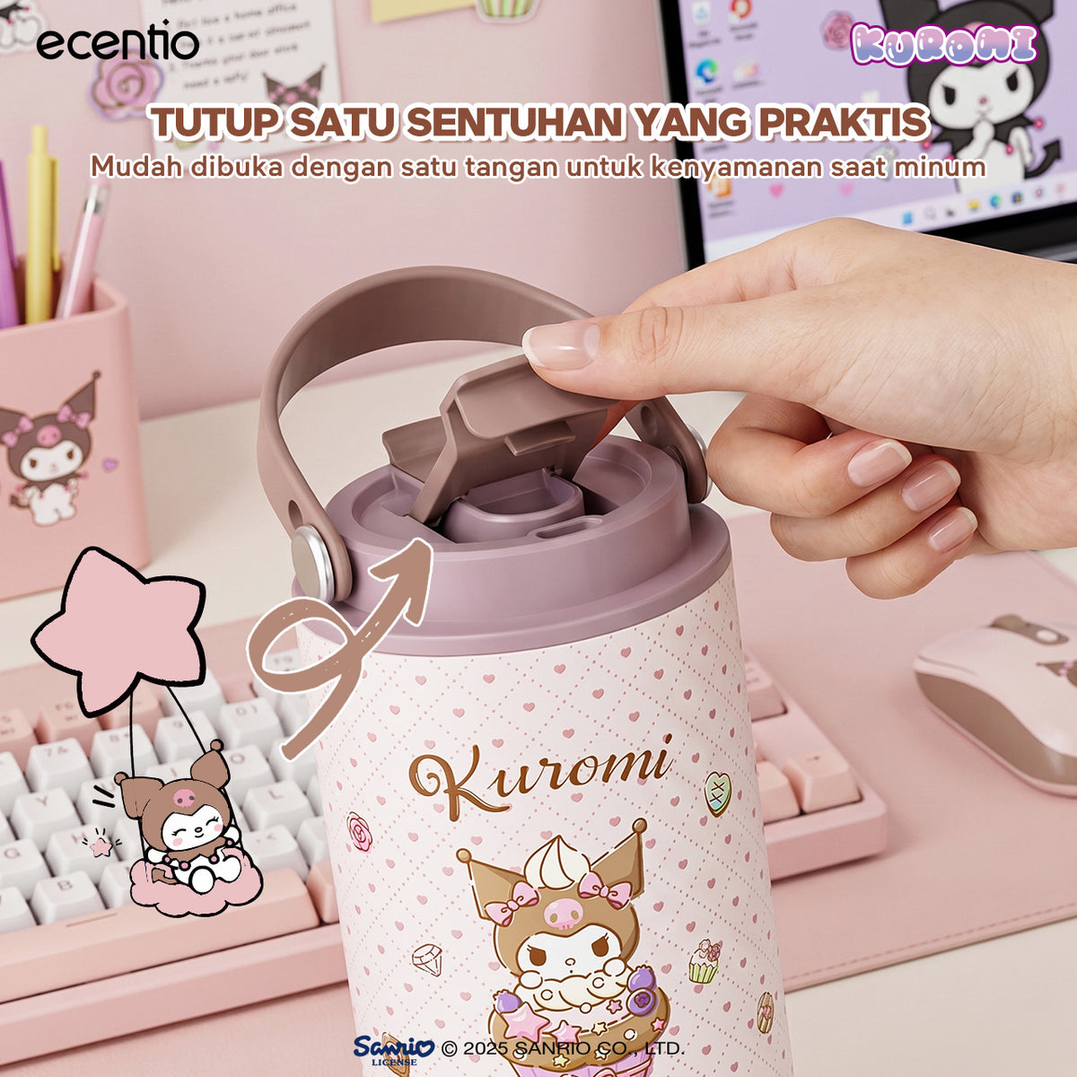 [Kuromi] [HOT] ecentio Tumbler Stainless 900ml Sanrio Portable Thermos Botol Minum Besar Dengan Tas Tahan Panas Dingin 24 Jam Aesthetic Lucu Termos Air Panas Kopi Dengan Sedotan Cocok Untuk Sekolah Anak Laki-Laki