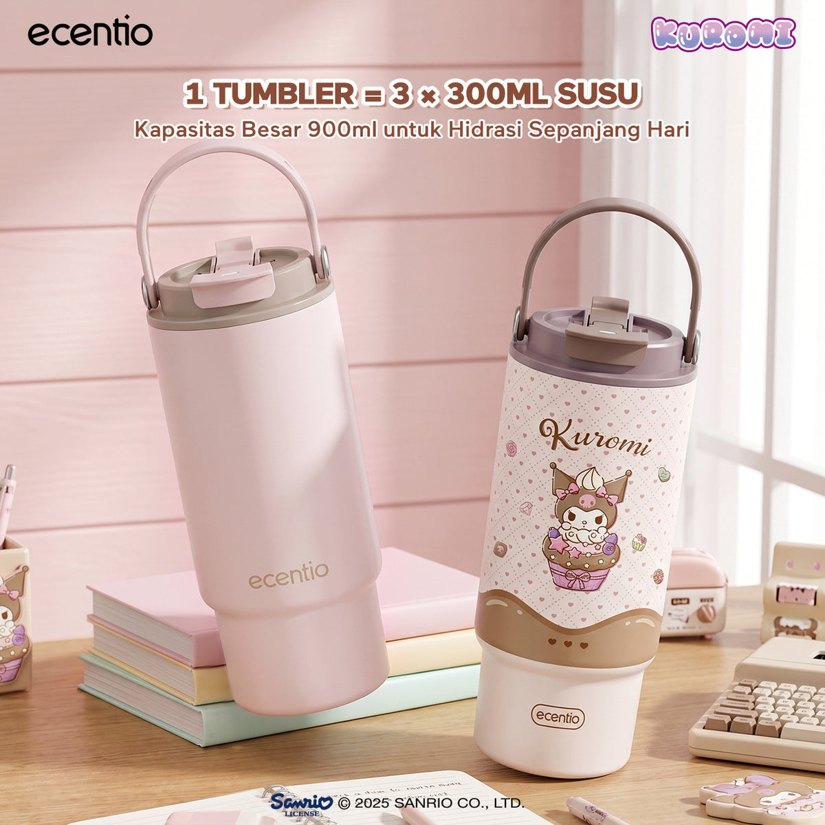 [Kuromi] [HOT] ecentio Tumbler Stainless 900ml Sanrio Portable Thermos Botol Minum Besar Dengan Tas Tahan Panas Dingin 24 Jam Aesthetic Lucu Termos Air Panas Kopi Dengan Sedotan Cocok Untuk Sekolah Anak Laki-Laki