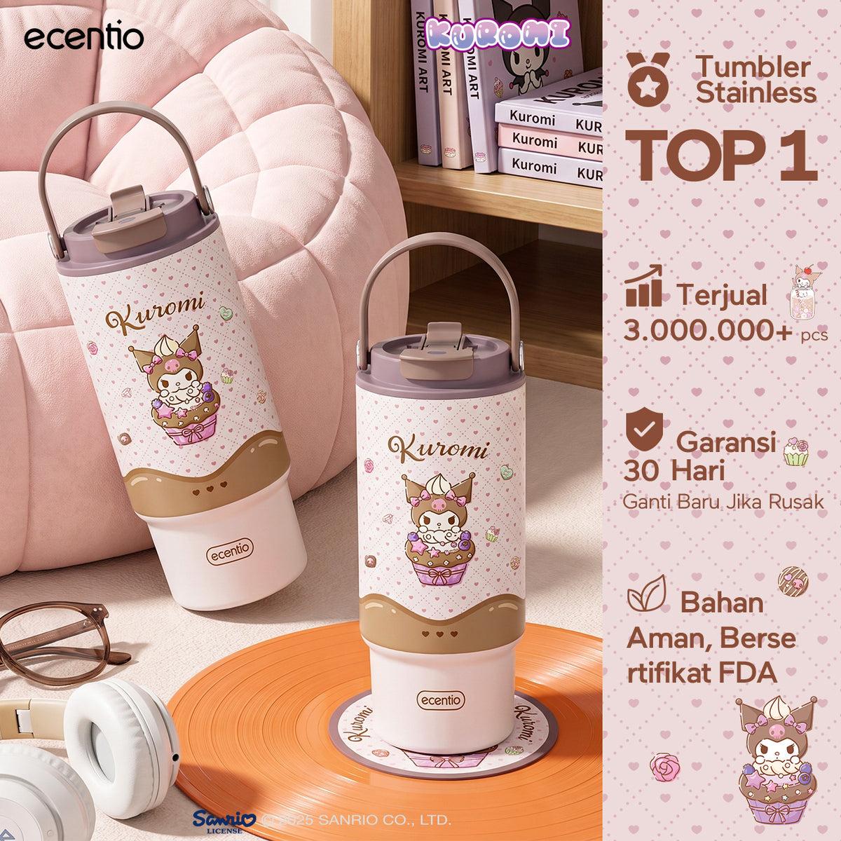 [Kuromi] [HOT] ecentio Tumbler Stainless 900ml Sanrio Portable Thermos Botol Minum Besar Dengan Tas Tahan Panas Dingin 24 Jam Aesthetic Lucu Termos Air Panas Kopi Dengan Sedotan Cocok Untuk Sekolah Anak Laki-Laki