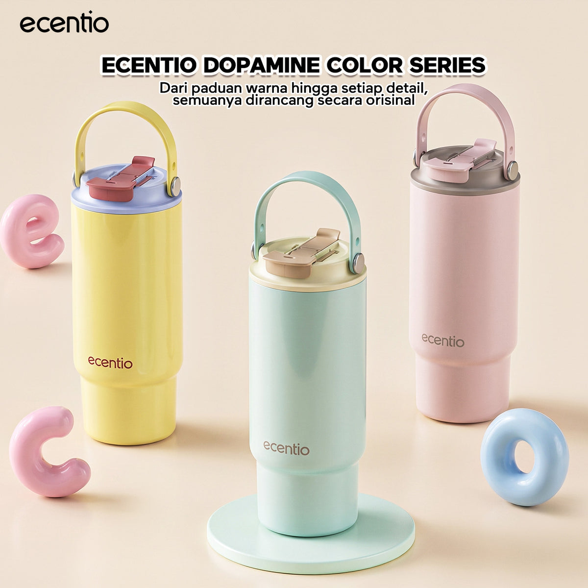 [Dopamine Series] ecentio Tumbler Stainless 900ml Portable Thermos Botol Minum Besar Dengan Tas Tahan Panas Dingin 24 Jam Aesthetic Lucu Termos Air Panas Kopi Dengan Sedotan Cocok Untuk Sekolah Anak Laki-Laki
