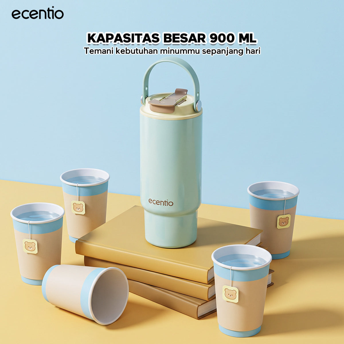 [Dopamine Series] ecentio Tumbler Stainless 900ml Portable Thermos Botol Minum Besar Dengan Tas Tahan Panas Dingin 24 Jam Aesthetic Lucu Termos Air Panas Kopi Dengan Sedotan Cocok Untuk Sekolah Anak Laki-Laki