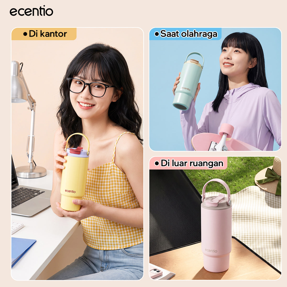 [Dopamine Series] ecentio Tumbler Stainless 900ml Portable Thermos Botol Minum Besar Dengan Tas Tahan Panas Dingin 24 Jam Aesthetic Lucu Termos Air Panas Kopi Dengan Sedotan Cocok Untuk Sekolah Anak Laki-Laki