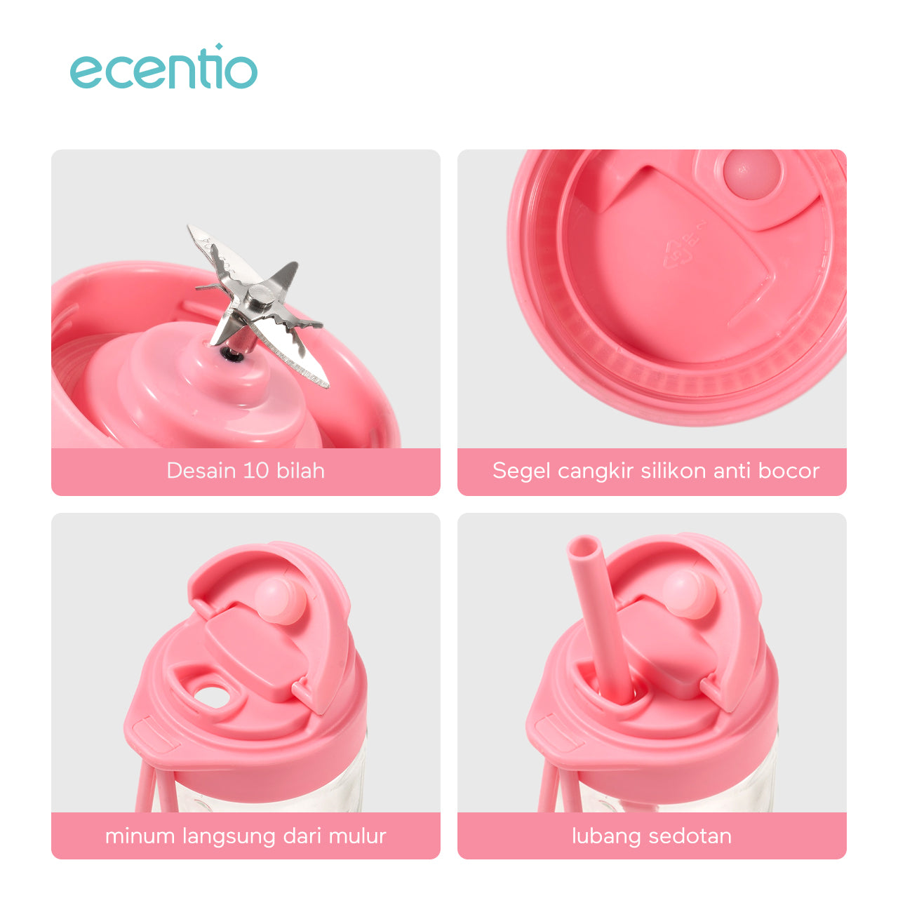 ecentio blender mini jus 380ml 10 mata pisau juicer portabel kaca tahan karat - biru & pink