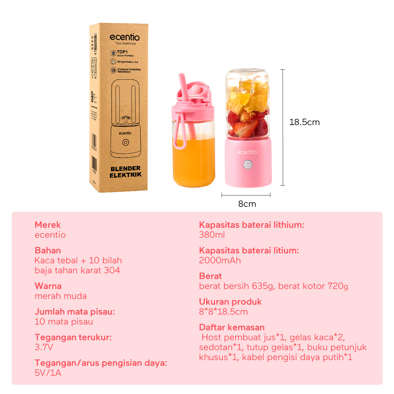 【🌟Pre-Order】ecentio blender mini jus 380ml 10 mata pisau juicer portabel kaca tahan karat - biru & pink