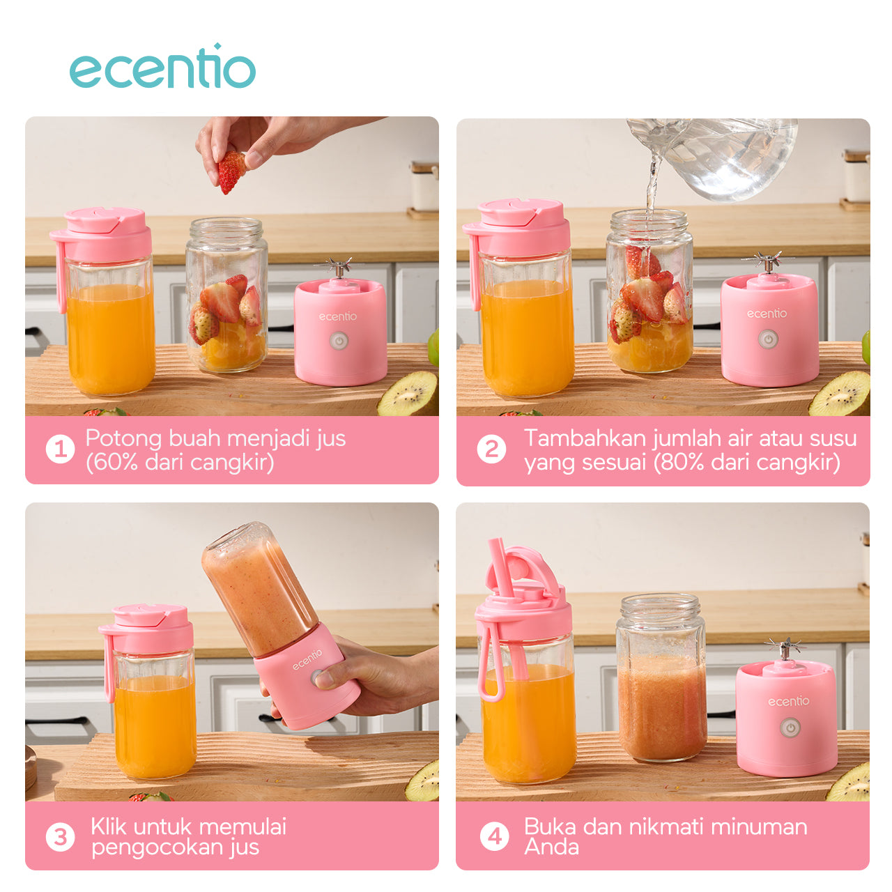 【🌟Pre-Order】ecentio blender mini jus 380ml 10 mata pisau juicer portabel kaca tahan karat - biru & pink