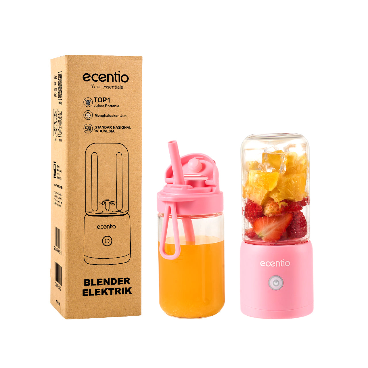 【🌟Pre-Order】ecentio blender mini jus 380ml 10 mata pisau juicer portabel kaca tahan karat - biru & pink