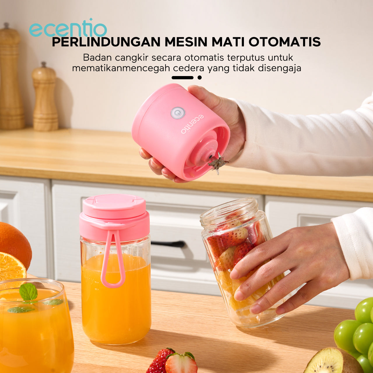 【🌟Pre-Order】ecentio blender mini jus 380ml 10 mata pisau juicer portabel kaca tahan karat - biru & pink