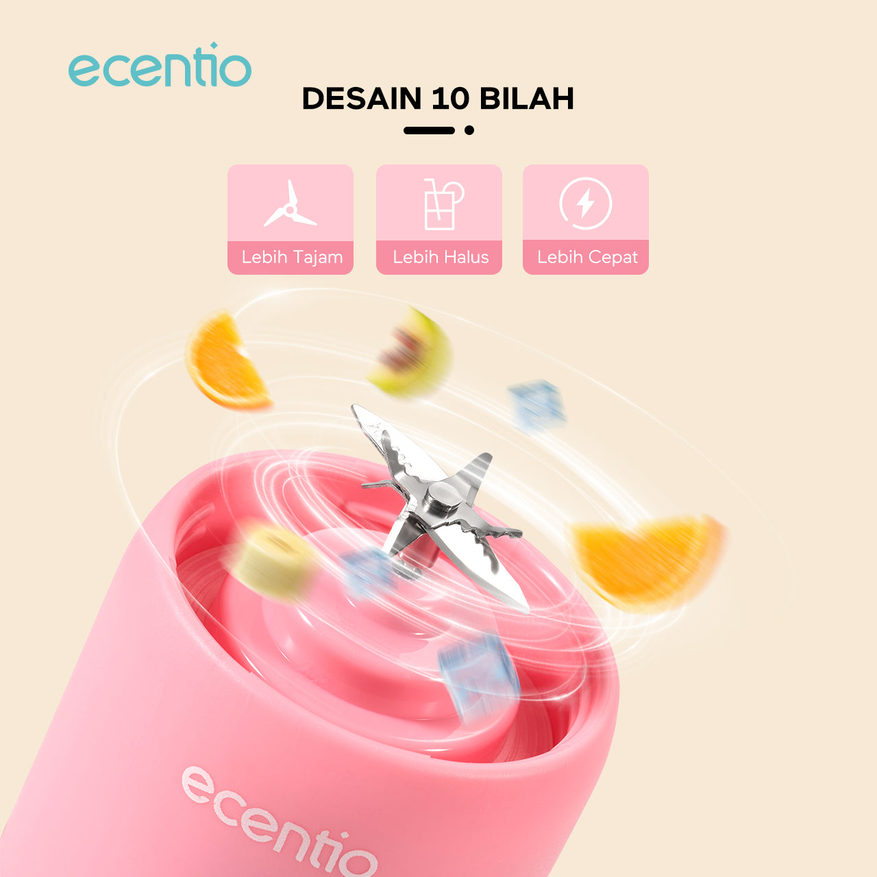 【🌟Pre-Order】ecentio blender mini jus 380ml 10 mata pisau juicer portabel kaca tahan karat - biru & pink