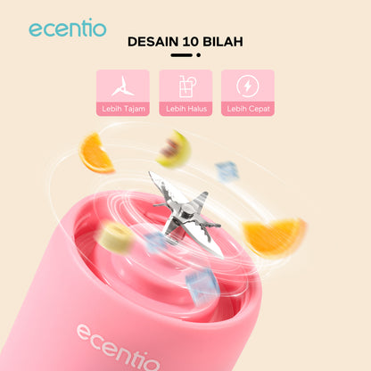 【🌟Pre-Order】ecentio blender mini jus 380ml 10 mata pisau juicer portabel kaca tahan karat - biru & pink