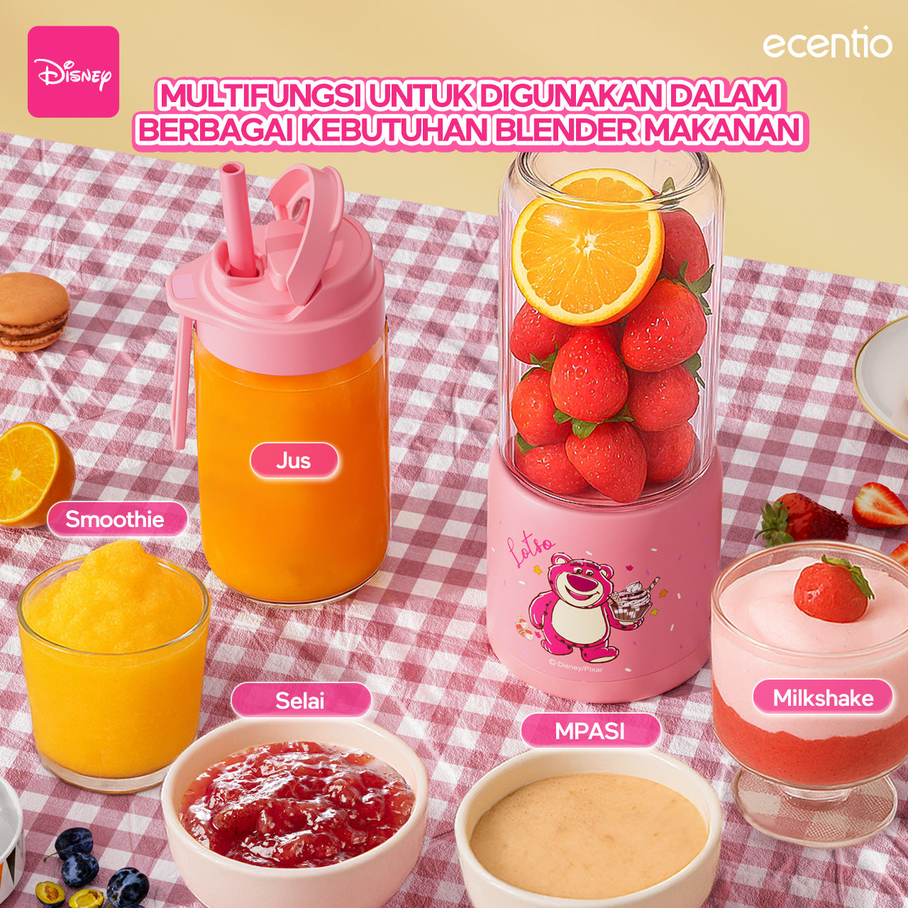 【ORI】ecentio X TOY story juicer blender disney lotso 10 pisau juicer Kaca Tebal 2 Cup mini portable dengan sedotan 380ml+380ml