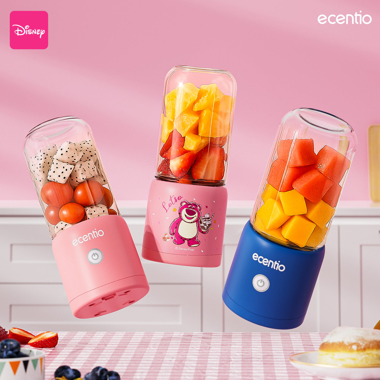 【ORI】ecentio X TOY story juicer blender disney lotso 10 pisau juicer Kaca Tebal 2 Cup mini portable dengan sedotan 380ml+380ml