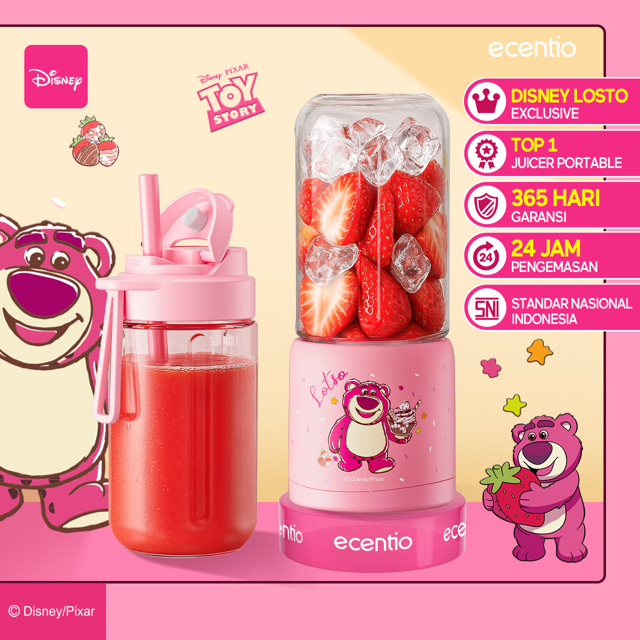 【ORI】ecentio X TOY story juicer blender disney lotso 10 pisau juicer Kaca Tebal 2 Cup mini portable dengan sedotan 380ml+380ml