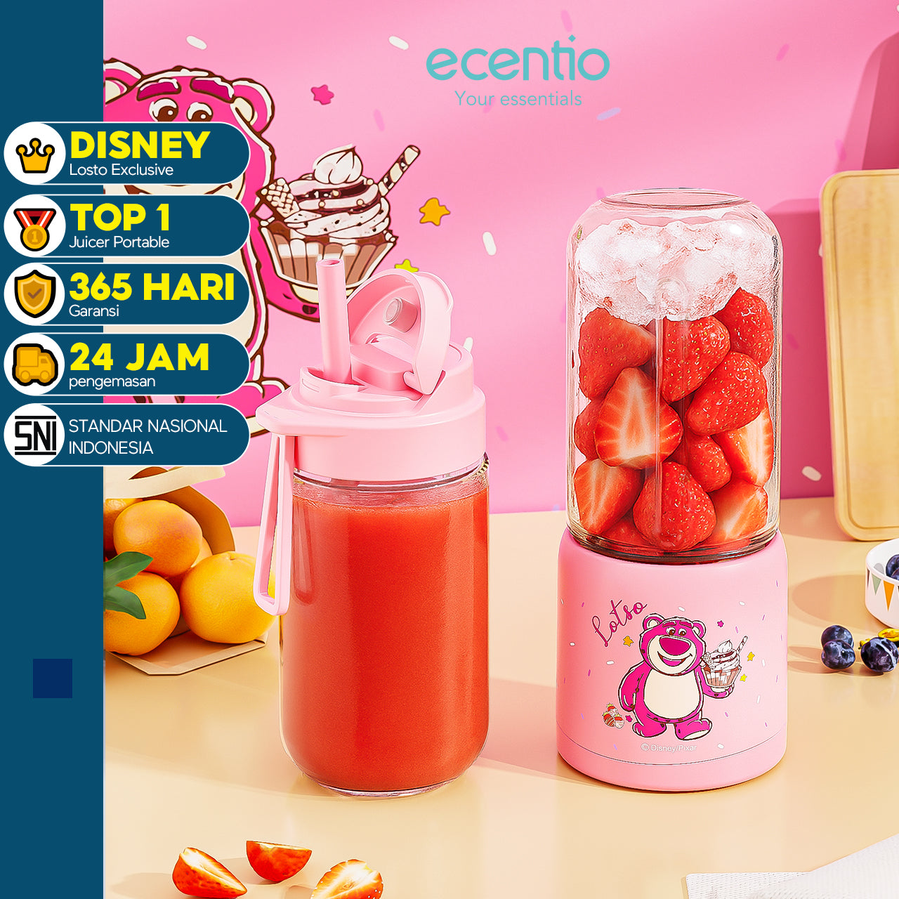 【ORI】ecentio X TOY story juicer blender disney lotso 10 pisau juicer Kaca Tebal 2 Cup mini portable dengan sedotan 380ml+380ml