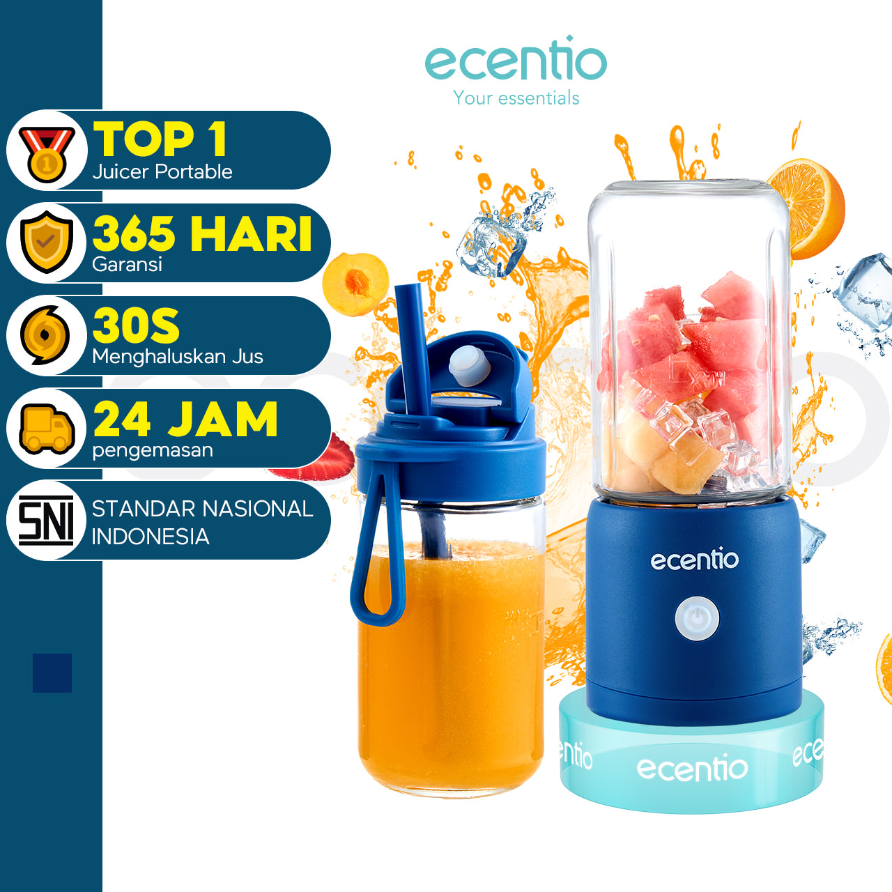 ecentio blender 10 pisau juicer Kaca Tebal 2 Cup mini portable dengan sedotan 380ml+380ml