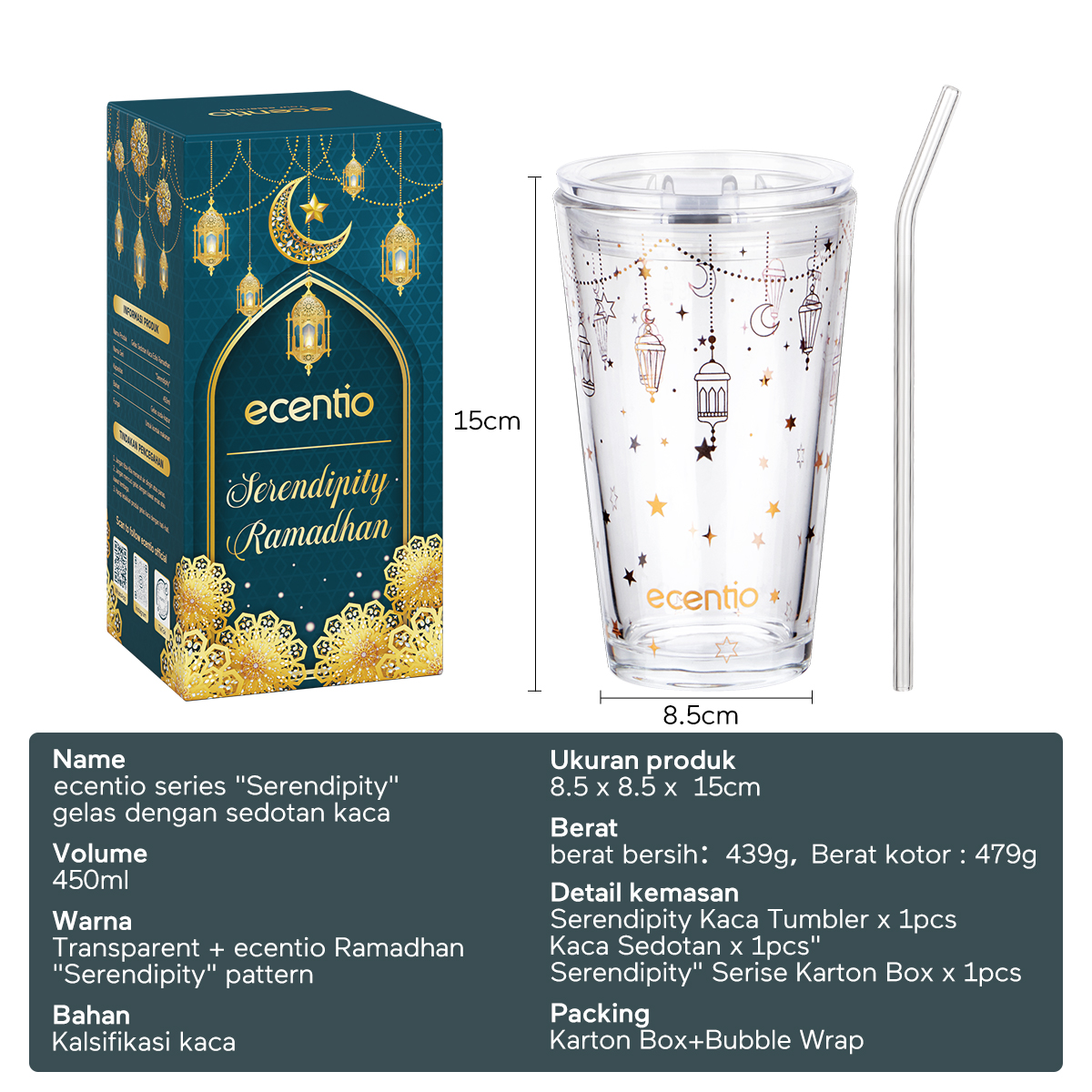 ecentio Mug gelas 450ml ramadan hampers botol minum kaca