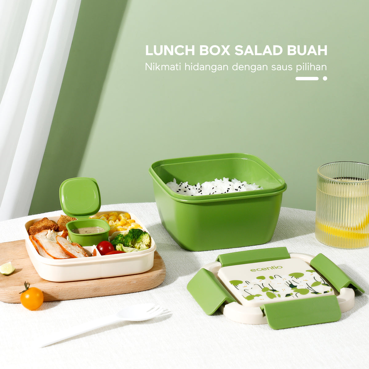 ecentio "Green whispers"lunch box kotak bekal makan free kotak saus 1100ML BPA Free - ecentio