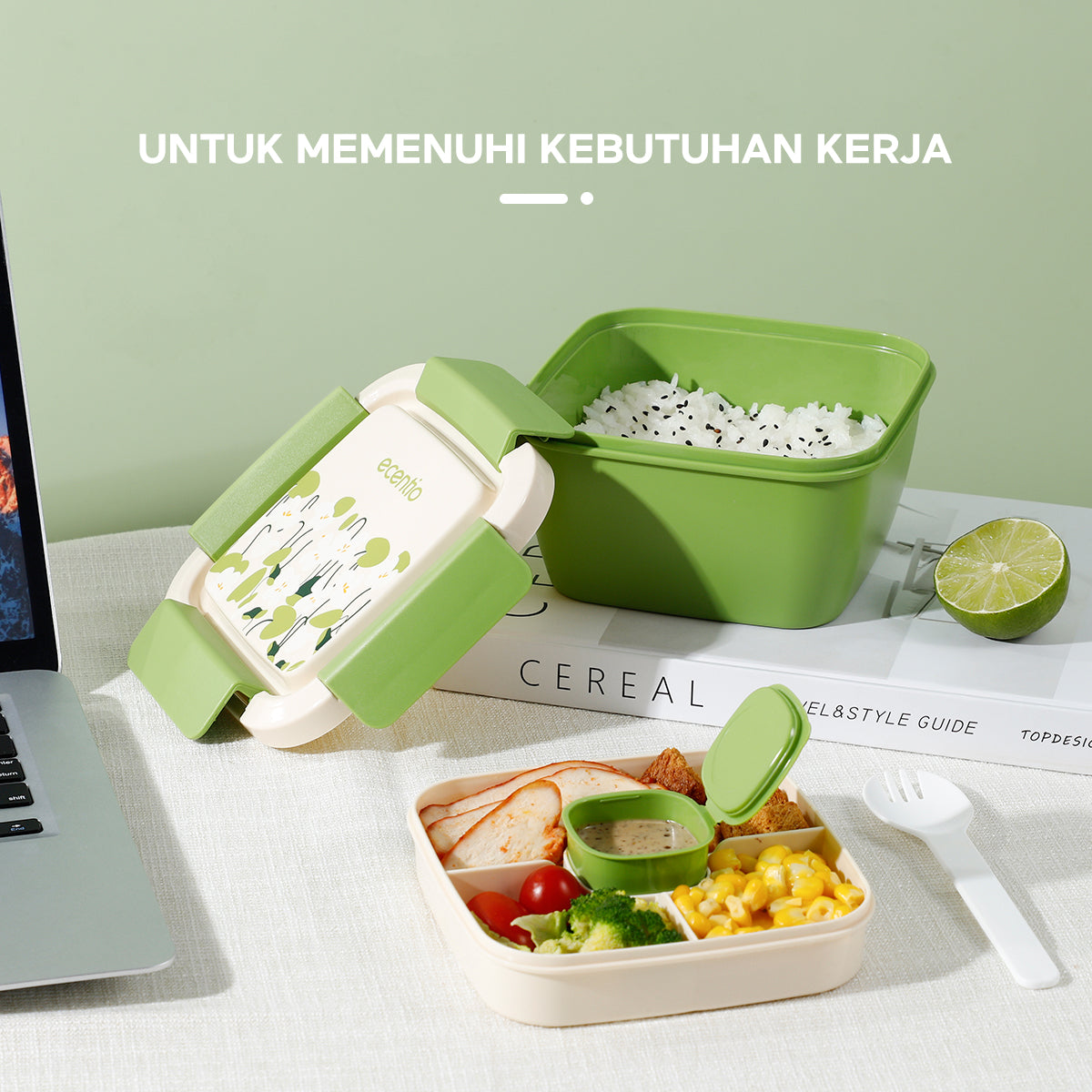 ecentio "Green whispers"lunch box kotak bekal makan free kotak saus 1100ML BPA Free - ecentio