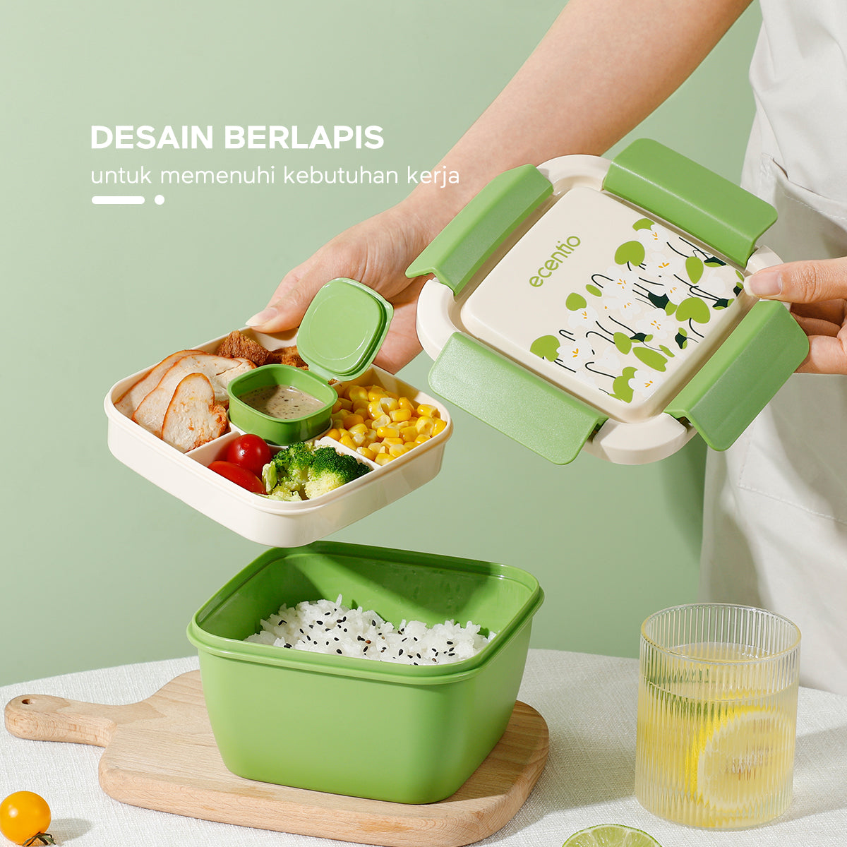 ecentio "Green whispers"lunch box kotak bekal makan free kotak saus 1100ML BPA Free - ecentio