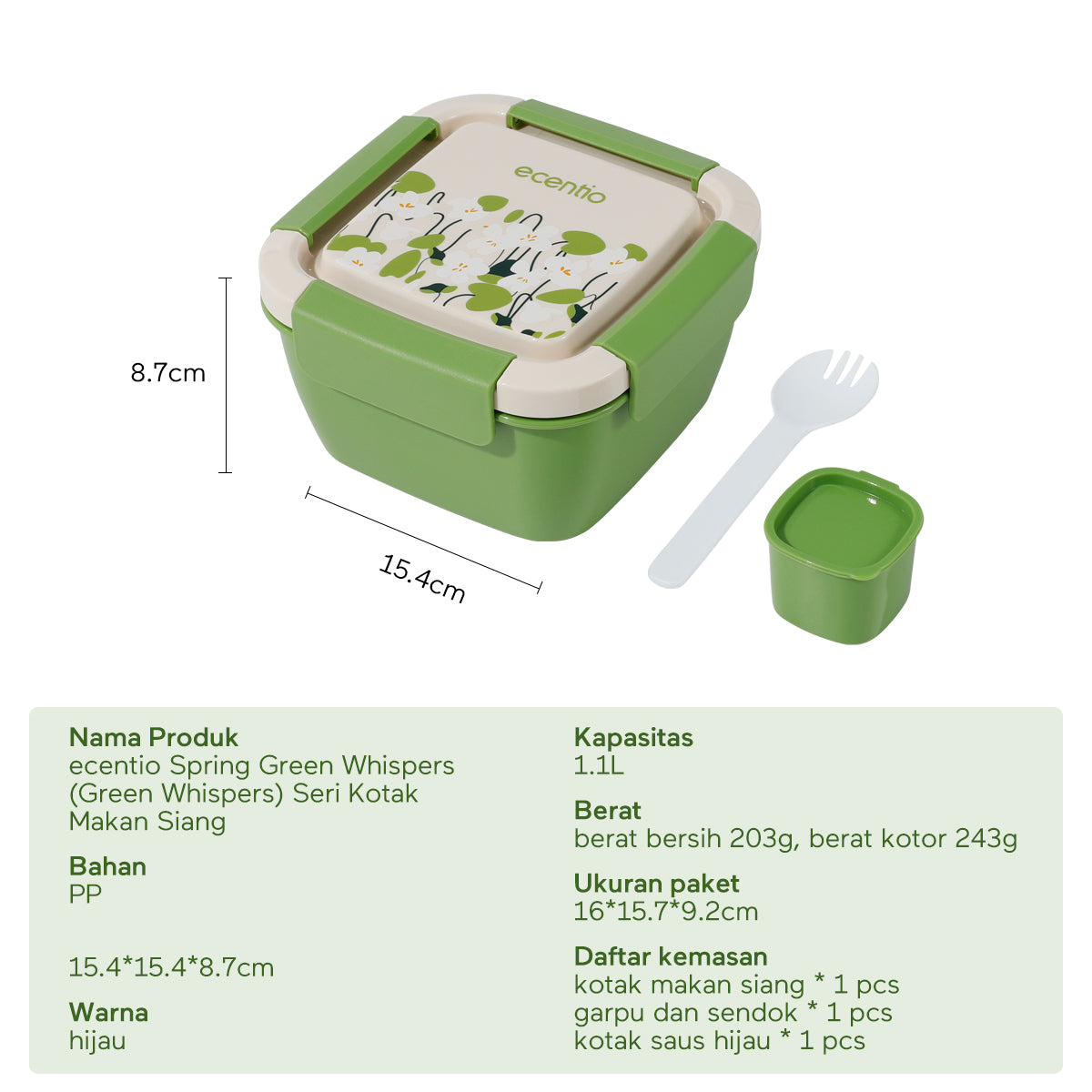 ecentio "Green whispers"lunch box kotak bekal makan free kotak saus 1100ML BPA Free - ecentio