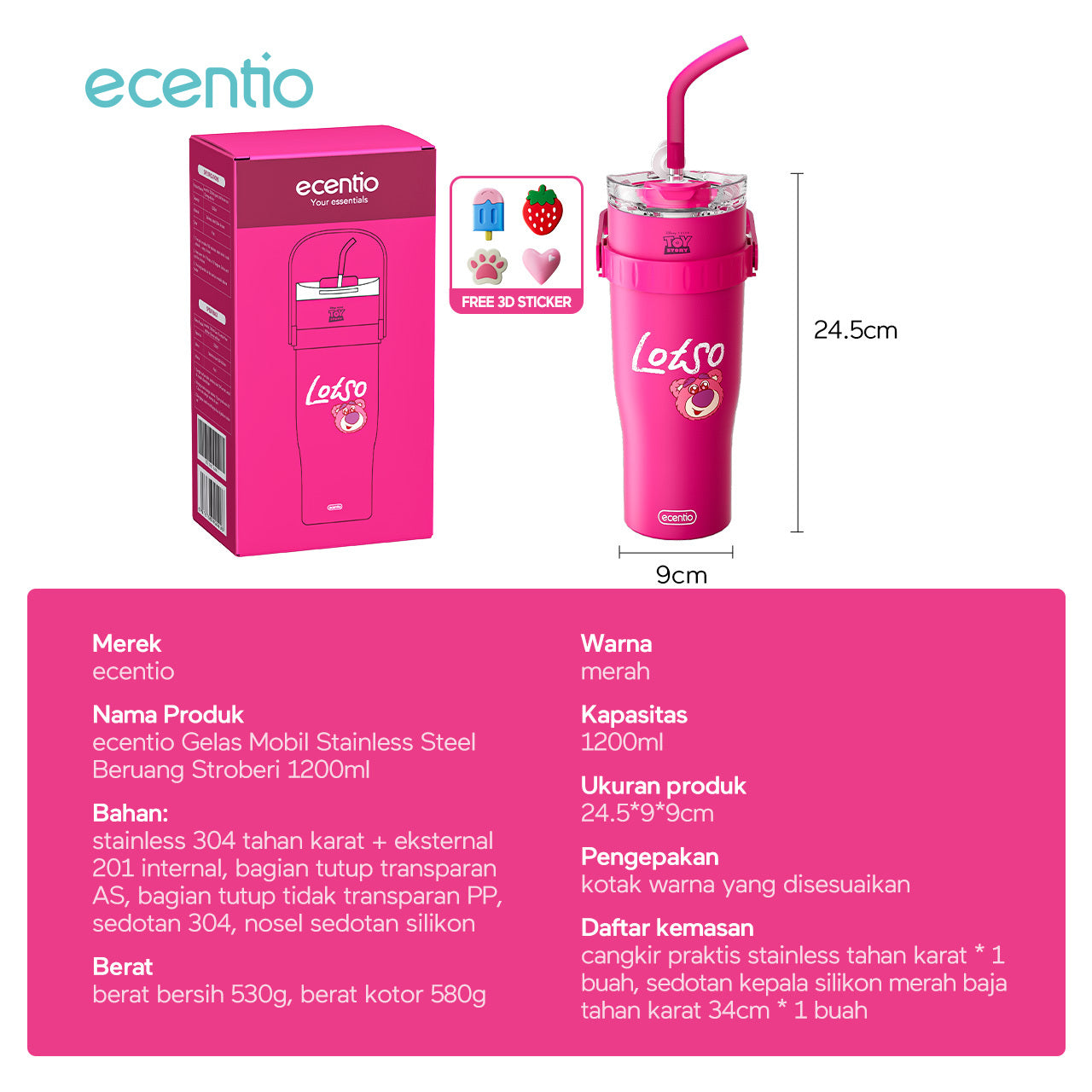 【Original】ecentio tumbler stainless 1.2L Disney Lotso tahan dingin 24jam botol dengan sedotan