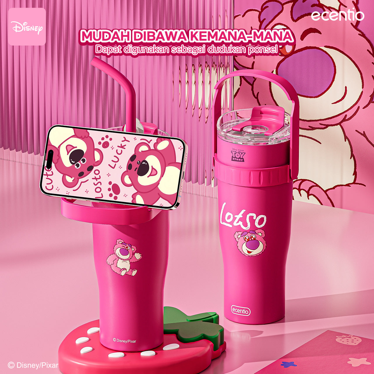 【Original】ecentio tumbler stainless 1.2L Disney Lotso tahan dingin 24jam botol dengan sedotan