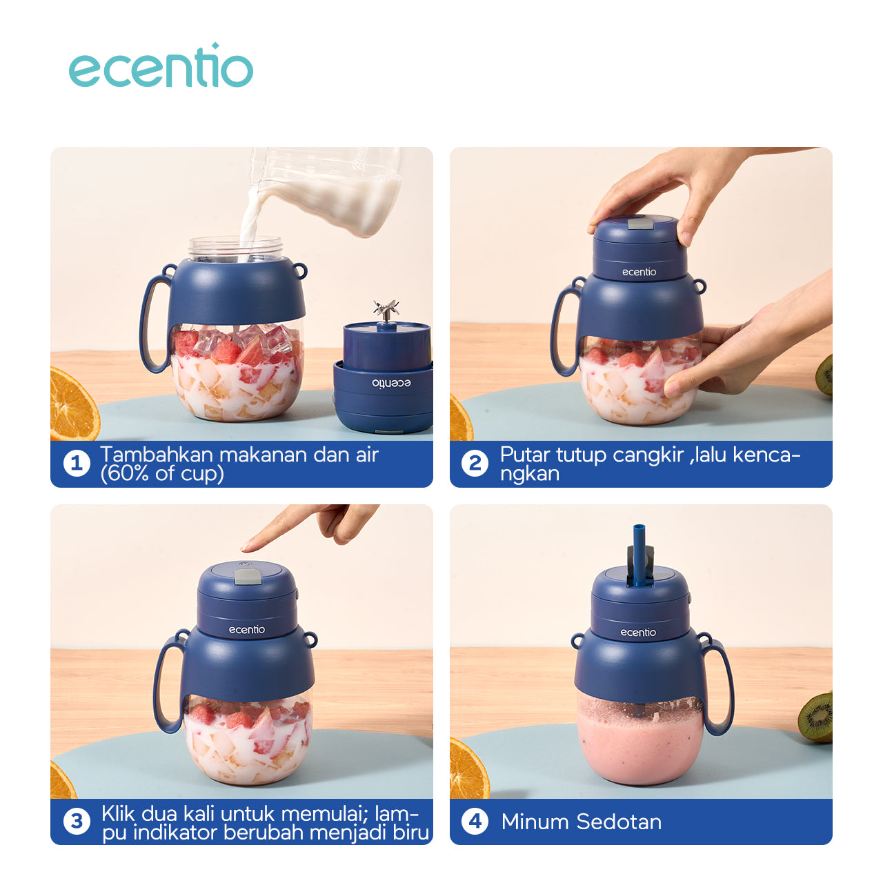 ecentio juicer portable 1000ml 10 mata pisau stainless 304 dengan sedotan blender mini