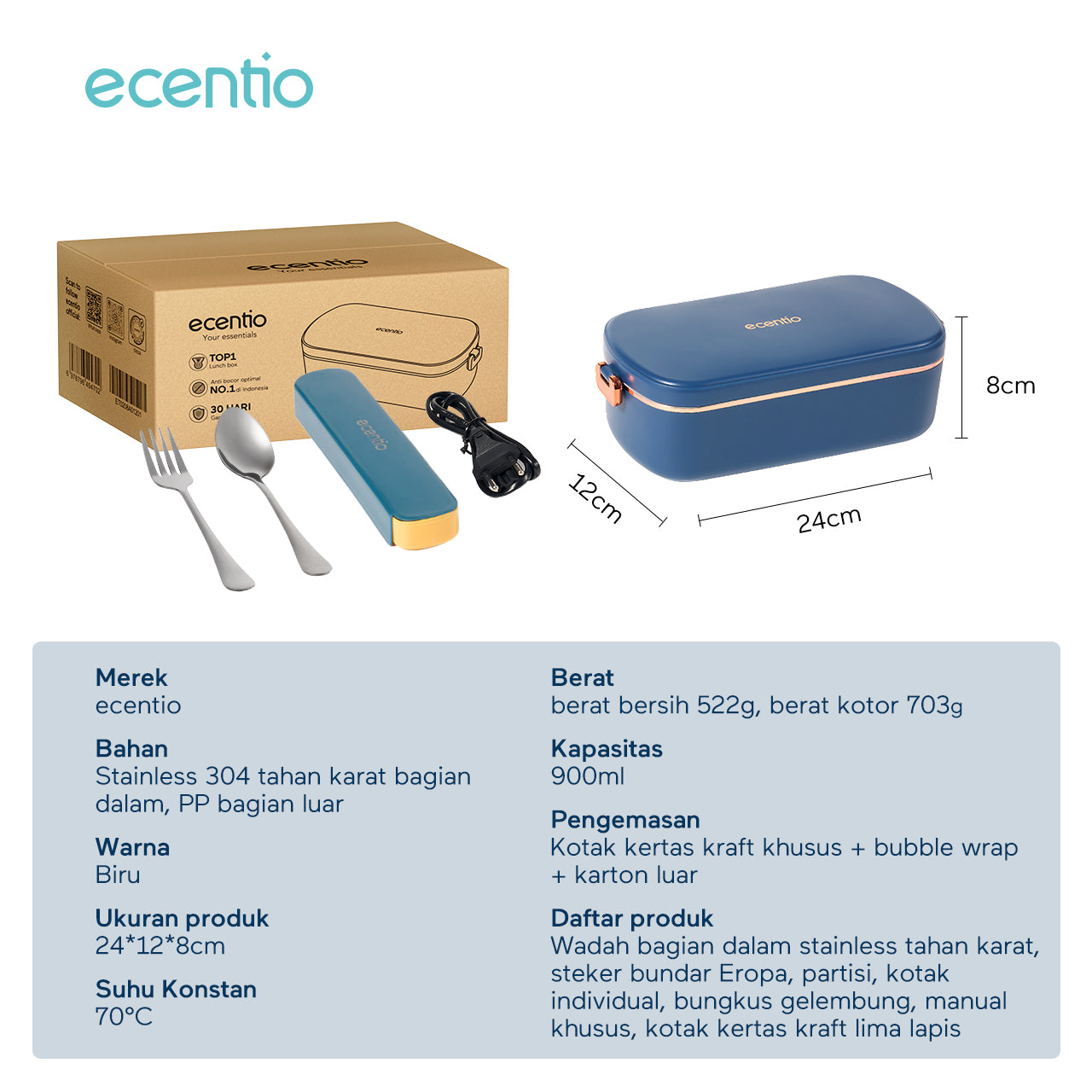 【🌟Pre-Order】ecentio lunch box 304 stainless anti tumpah electric portable kotak makan