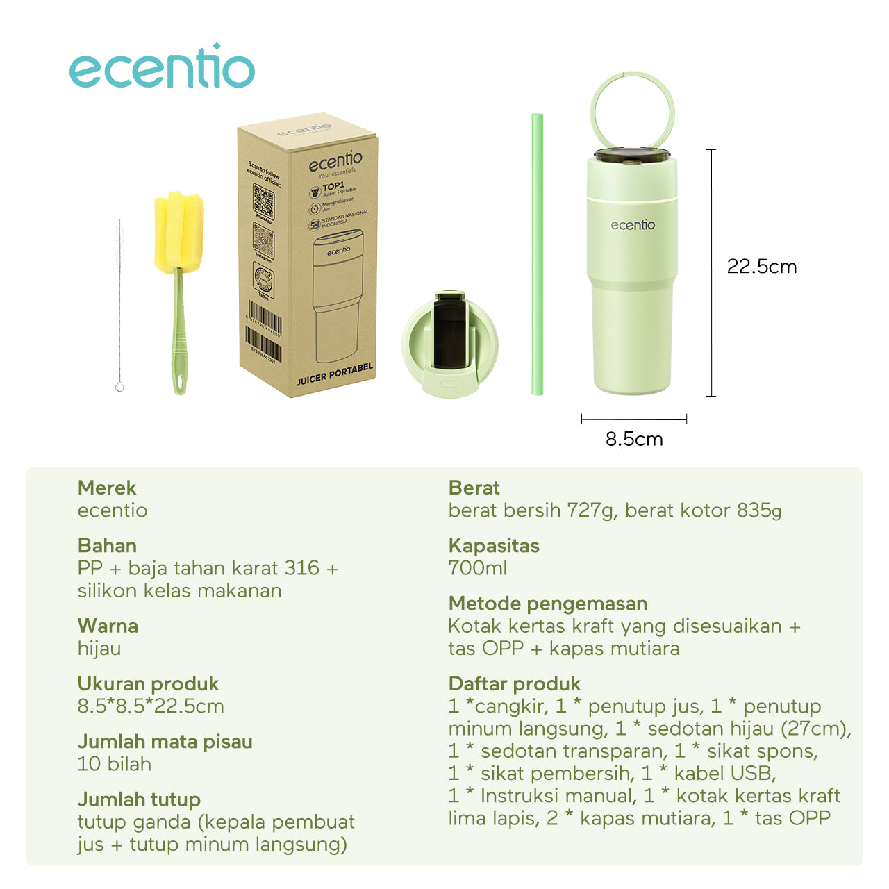 ecentio juicer cup 10 mata pisau tahan dingin 8 jam stainless 316 blender mini portable 700ml